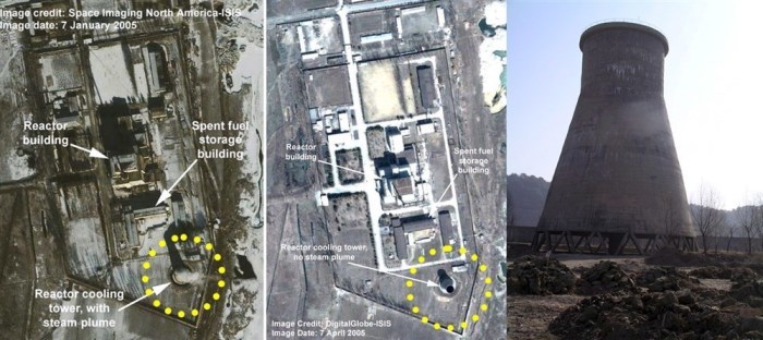 Ein Dateibild zeigt ein zusammengesetztes Bild, das einen Kühlturm (R) in Nordkoreas wichtigstem Nuklearstandort in Yongbyon zeigt. Foto: epa/Str