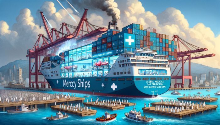 Ein neues Krankenhausschiff mit sechs Operationssälen wird bald medizinische Hilfe in Afrika für Mercy Ships anbieten, finanziert durch MSC-Stiftung. Foto generiert von OpenAI's DALL·E