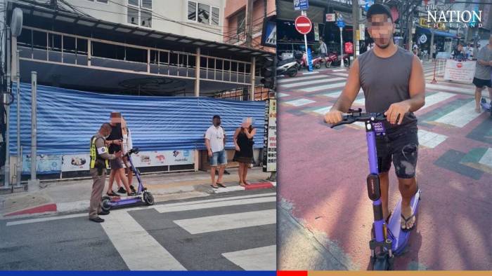 Polizei in Patong, Phuket, nimmt ausländische Touristen fest, die unregistrierte elektrische Scooter fahren. Die Aktion wirft Fragen zur Sicherheit und zum Tourismus auf. Foto: The Nation
