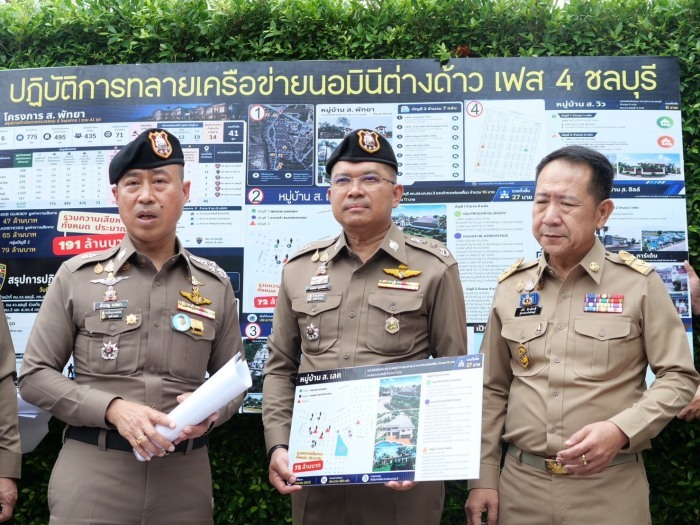 Die Polizei stellt die Ergebnisse der landesweiten Operation gegen mutmaßliche Nominee-Netzwerke in Chonburi vor. Bild: TMN.TV