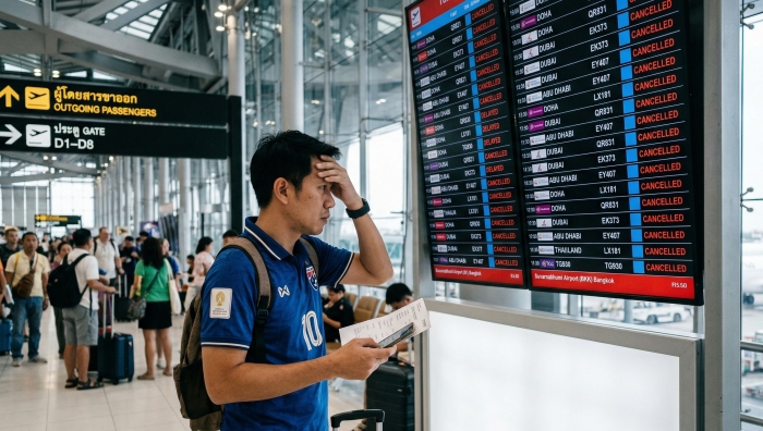 Passagier blickt auf eine Anzeigetafel mit zahlreichen gestrichenen Flügen am Flughafen Bangkok-Suvarnabhumi. Foto: Der Farang (ai)