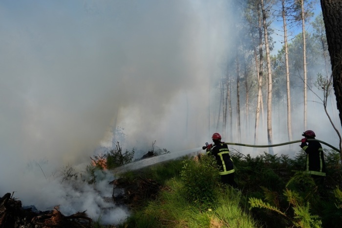 Feuerwehrleute bekämpfen einen Brand in der Nähe von Lacanau, während außerhalb von Bordeaux Waldbrände wüten. Foto: Baz Ratner/Ap/dpa