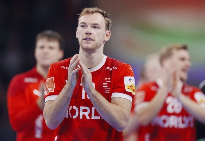 Der dänische Spieler Mathias Gidsel jubelt nach der EHF Men's EURO 2024. Foto: epa/Liselotte Sabroe DÄnemark
