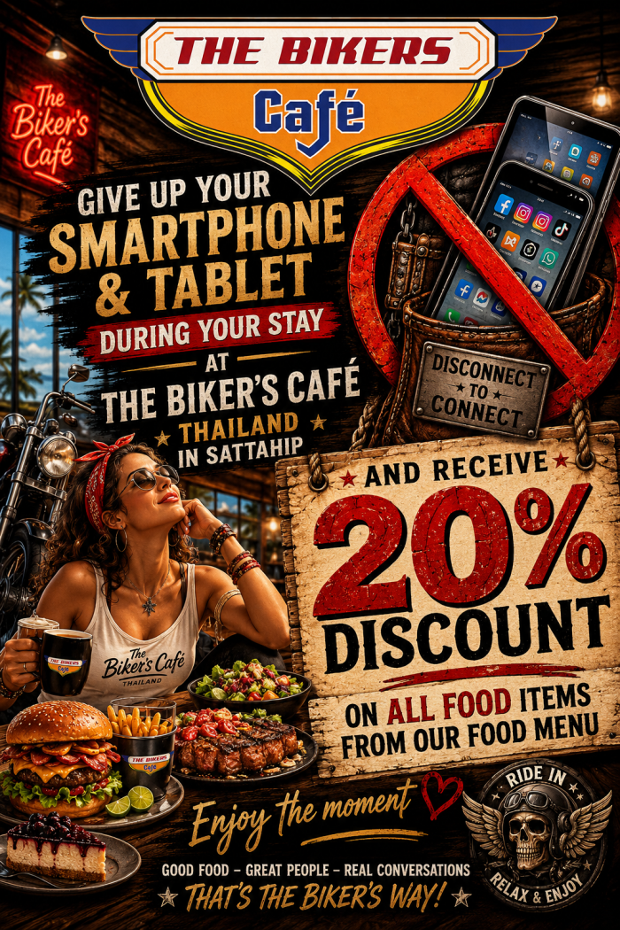 Wer das Smartphone beiseitelegt, erhält 20 Prozent auf alle Menüs. Foto: The Bikers Café Thailand