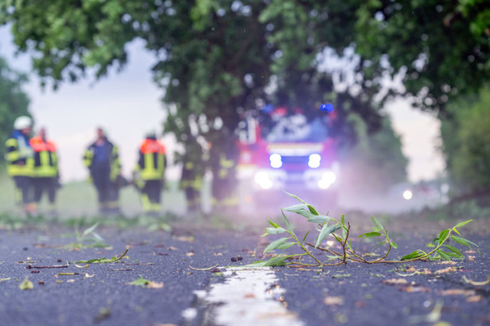 Feuerwehrkräfte räumen nach schweren Unwettern umgestürzte Bäume und Äste von einer Straße in Bayern. Foto: dpa/Pia Bayer