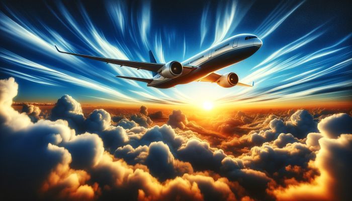Ein modernes Flugzeug gleitet bei Sonnenuntergang hoch über den Wolken, symbolisiert die Freiheit der Luftfahrt und die Verbindung zwischen Welten. Foto generiert von OpenAI's DALL·E