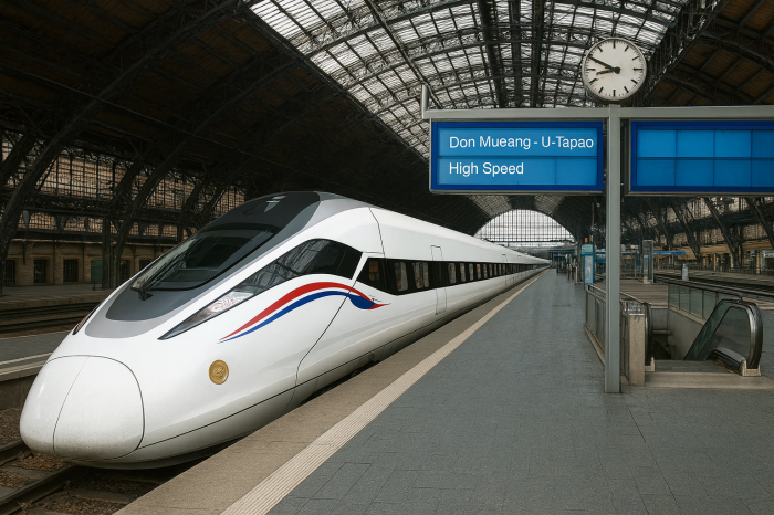 Visualisierung der geplanten Drei-Flughäfen-Hochgeschwindigkeitsbahn im Eastern Economic Corridor Thailands. Bild: KI-Visualisierung