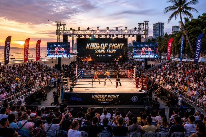 Am Pattaya Beach soll die „Sand Fury Arena“ zur Bühne für Muay Thai werden und zahlreiche Besucher aus dem In- und Ausland anziehen.      Bild: KI-generiert
