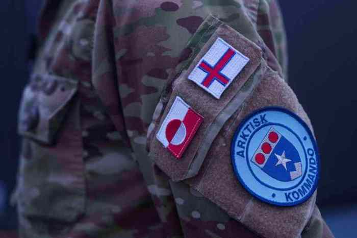 Ein Abzeichen des Gemeinsamen Arktischen Kommandos auf der Jacke von Generalmajor Søren Andersen an Bord des Militärschiffs HDMS Knud Rasmussen im Hafen von Nuuk. Foto: dpa/Evgeniy Maloletka