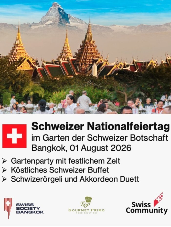 Die Swiss Society Bangkok lädt am 1. August zur Feier des Schweizer Nationalfeiertags in die Residenz des Schweizer Botschafters ein. Bild: SSB