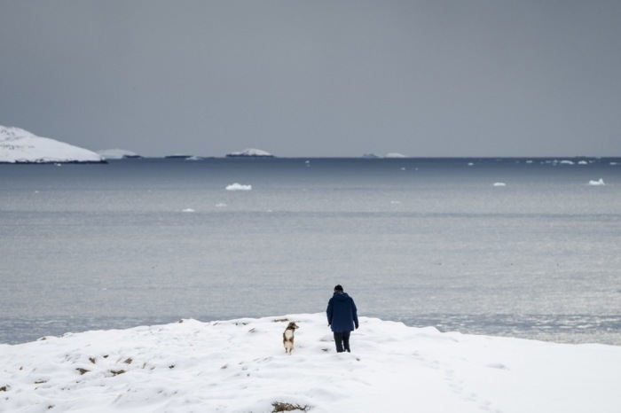 In Nuuk geht ein Mensch mit seinem Hund im Schnee spazieren. Foto: epa/Mads Claus Rasmussen DÄnemark Out