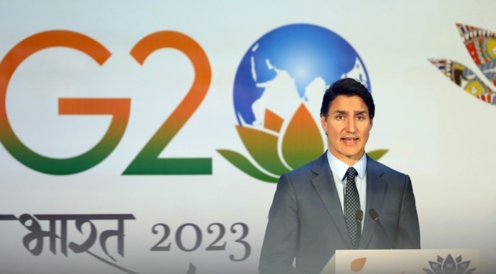 Der kanadische Premierminister Justin Trudeau spricht auf einer Pressekonferenz im internationalen Medienzentrum des G20-Gipfels. Foto: epa/Rajat Gupta