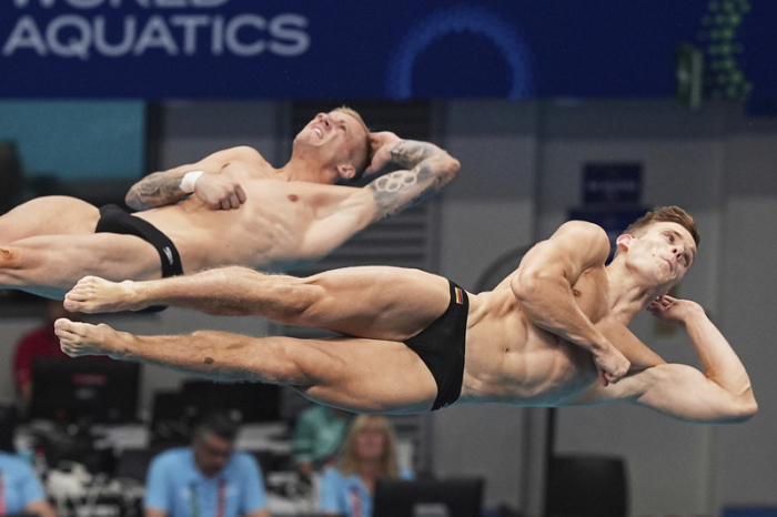 Weltmeisterschaft, Wasserspringen, Synchronspringen, 3 m, Männer, Vorkampf. Timo Barthel und Moritz Wesemann aus Deutschland treten im 3-m-Synchron-Vorkampf an. Foto: Ng Han Guan/Ap/dpa