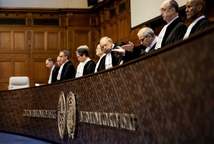 Nawaf Salam (C), Präsident des Gerichtshofs, leitet eine Anhörung am Internationalen Gerichtshof (IGH) über die rechtlichen Folgen der israelischen Besetzung der palästinensischen Gebiete, Den Haag. Foto: epa/Robin Van Lonkhuijsen
