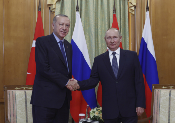 Tayyip Erdogan (l), Präsident der Türkei, und Wladimir Putin, Präsident von Russland, reichen sich zu Beginn ihres Treffens im Rus-Sanatorium im russischen Schwarzmeerort Sotschi die Hände. Foto: Uncredited