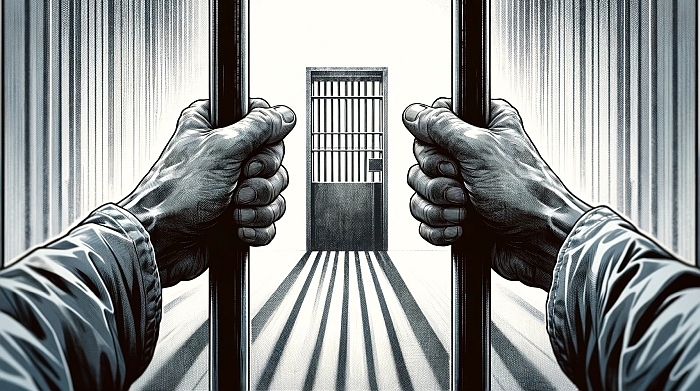 Eine Illustration die Hände im Fokus hat, die sich fest an die kalten Metallstäbe einer Gefängniszelle klammern. Foto generiert von OpenAI's DALL·E