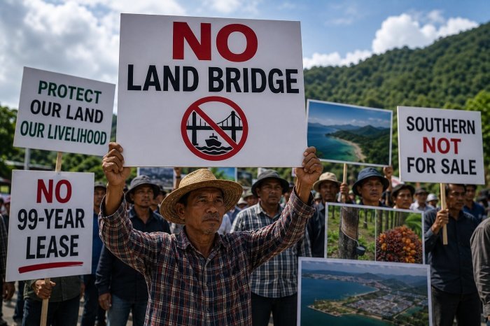 Protestgruppen aus Südthailand kündigen neuen Widerstand gegen das geplante Land-Bridge-Projekt an. Foto: Ki-generiert