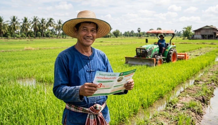 Ein thailändischer Landwirt steht lächelnd auf seinem Reisfeld und hält eine Broschüre der BAAC-Bank in der Hand, im Hintergrund ein Traktor. Foto: Der Farang (ai)