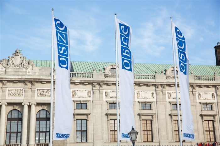Flaggen der Organisation für Sicherheit und Zusammenarbeit in Europa (OSZE) wehen vor dem Sitz des Ständigen Rates der OSZE in der Hofburg in Wien. Foto: epa/Florian Wieser