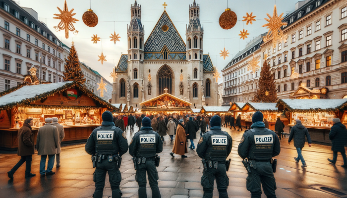 Ein weihnachtlich geschmückter Platz in Wien mit einer Kirche und einem Weihnachtsmarkt. Mehrere Polizeibeamte in Uniform patrouillieren diskret im Hintergrund, um die Sicherheit zu gewährleisten. Foto generiert von OpenAI's DALL·E