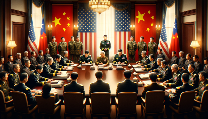 Diplomatisches Treffen zwischen chinesischen und US-amerikanischen Militärvertretern in Washington, D.C. Thema: Taiwan-Konflikt. Foto generiert von OpenAI's DALL·E und Fotoquelle: ChatGPT