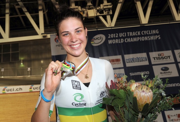 Melissa Hoskins, auf dem Foto Silbermedaillengewinnerin im Scratch-Rennen der Frauen bei den UCI Bahnrad-Weltmeisterschaften 2012 in Melbourne, verstarb tragisch am 31. Dezember durch einen Autounfall. Archivfoto: EPA/DAVE HUNT AUSTRALIA AND NEW ZEALAND O
