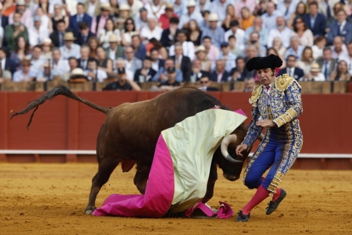 Der spanische Stierkämpfer Morante de la Puebla wird während des Stierkampfs im Rahmen der April-Feria in der Stierkampfarena „Real Maestranza de Caballería“ in Sevilla von seinem zweiten Stier aufgespießt. Foto: epa/Julio Muñoz