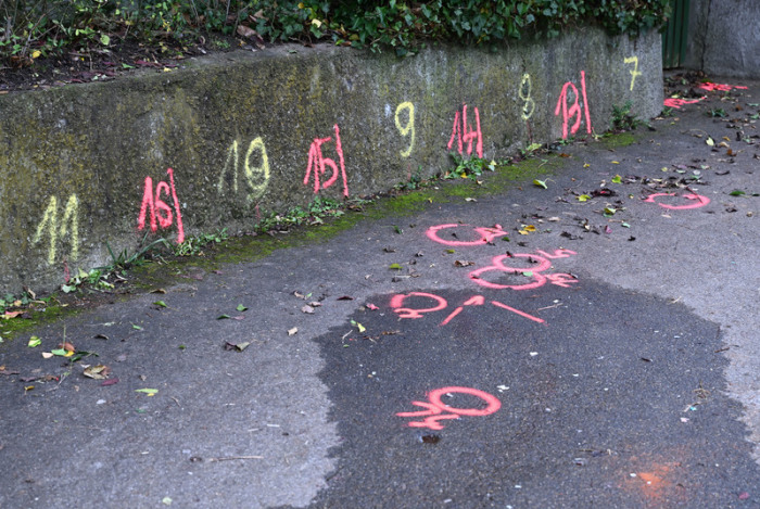 Markierungen der Spurensicherung der Polizei sind an einem Tatort auf einem Weg angebracht. Zwei Mädchen wurden auf ihrem Schulweg angegriffen und schwer verletzt. Foto: Bernd Weißbrod/dpa