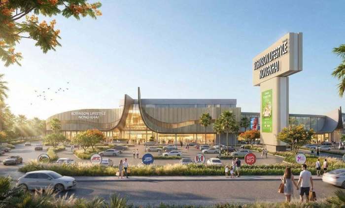 Eine Visualisierung zeigt das geplante Einkaufszentrum Robinson Lifestyle Nong Khai nahe der ersten thailändisch-laotischen Freundschaftsbrücke. Foto: Central Retail