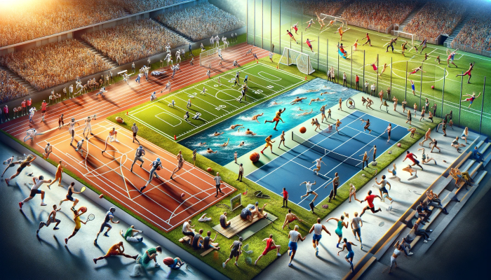 Die Vielfalt der Sportwelt: Fußball, Basketball, Leichtathletik, Tennis und Schwimmen vereint in dynamischer Harmonie. Foto generiert von OpenAI's DALL·E.