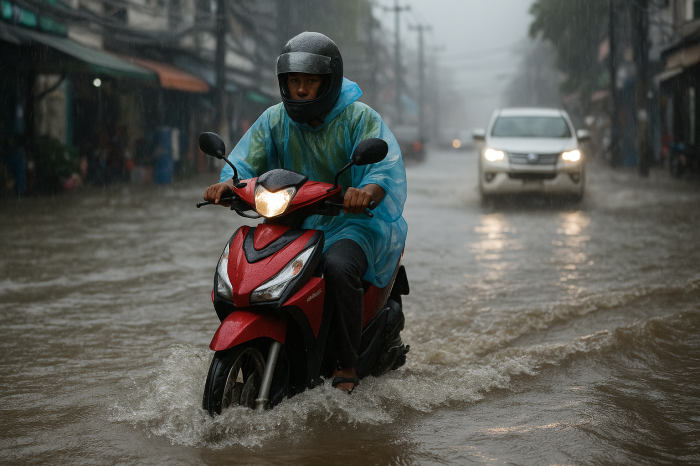 Ein Motorradfahrer kämpft sich durch überflutete Straßen in Bangkok nach heftigem Regen. Foto: Ki-illustration