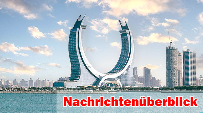Die ikonischen Zwillingstürme des Katara Towers in Lusail bei Doha ragen sichelförmig in den Himmel – ein Symbol für die moderne Architektur Katars. Foto: Unsplash/Popup Agency