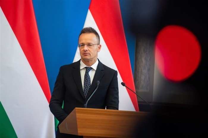 Der ungarische Minister für auswärtige Angelegenheiten und Handel Peter Szijjarto spricht während einer Pressekonferenz. Foto: epa/Zoltan Balogh