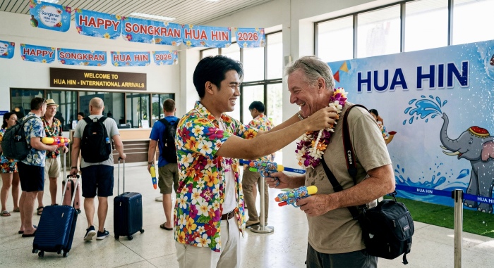 Ein Reisender wird am Flughafen Hua Hin mit einer traditionellen Girlande und einer Wasserpistole freudig zum Songkran-Fest 2026 begrüßt. Foto: Der Farang (ai)