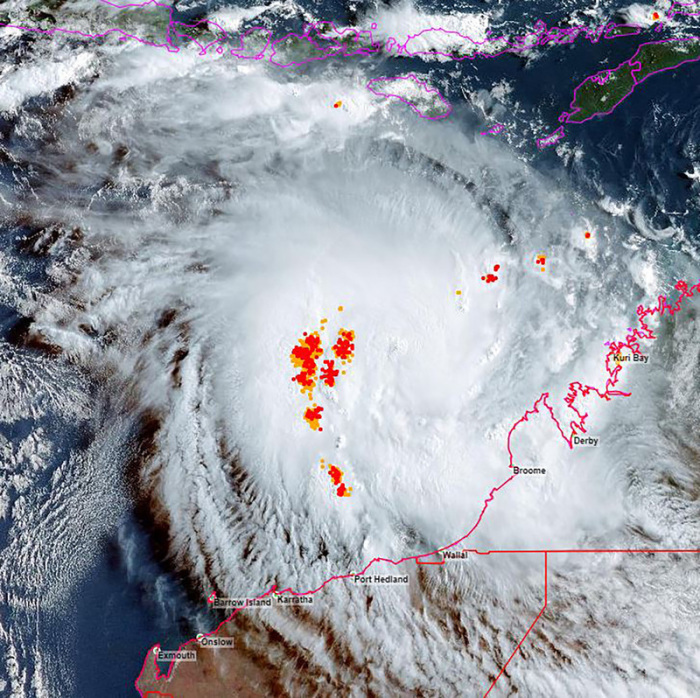 Ein am 12.04.2023 vom Bureau of Meteorology bereitgestelltes Satellitenbild zeigt den tropischen Wirbelsturm Ilsa um 7.30 Uhr MESZ. Foto: BUREAU OF METEOROLOGY/Aap/dpa