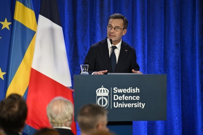 Schwedischer Ministerpräsident Ulf Kristersson hält eine Rede zur Sicherheitspolitik auf Schloss Karlberg in Stockholm. Foto: epa/Pontus Lundahl Schweden Out