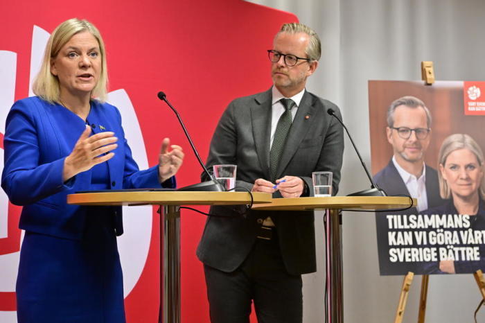 Die Sozialdemokraten stellen auf einer Pressekonferenz in Stockholm das Wahlprogramm der Partei vor. Foto: epa/Jonas Ekstromer