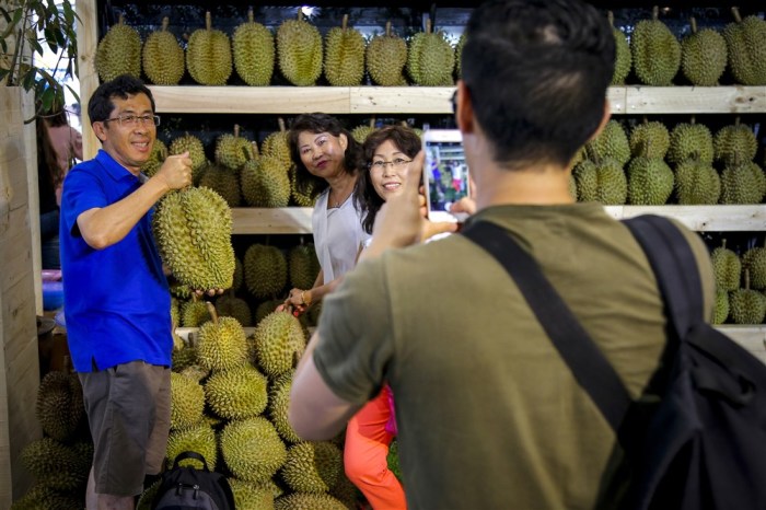 Asiatische Touristen posieren mit einer Durian-Frucht für ein Foto. Foto: epa/Diego Azubel