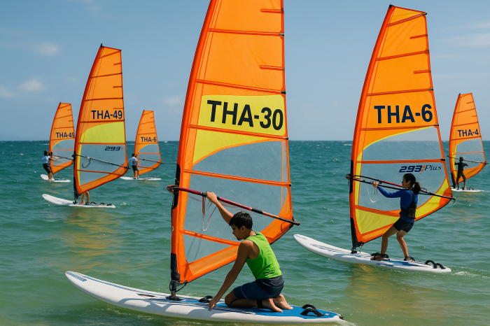 Junge Windsurfer trainieren mit ihren orangefarbenen Segeln am Jomtien Beach in Pattaya für die anstehende Techno293-Asienmeisterschaft. Foto: Der Farang