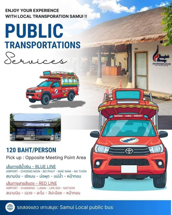 Die neuen Songthaew-Sammeltaxis verbinden den Flughafen von Koh Samui auf zwei Linien mit mehreren Orten der Insel, darunter Chaweng, Lamai, Bo Phut und Nathon. Bild: Samui Local Public Bus.