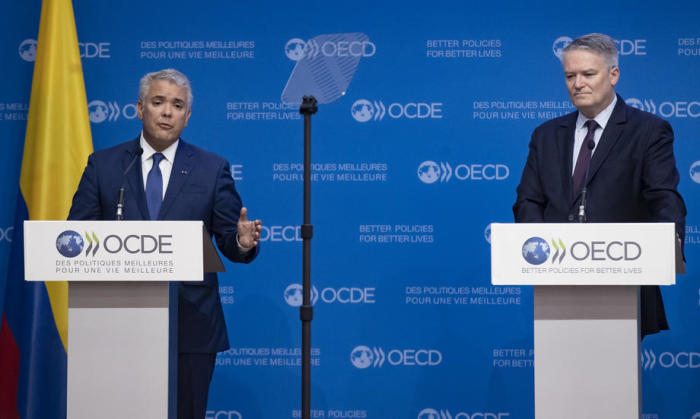 Der kolumbianische Präsident Duque bei der OECD in Paris. Foto: epa/Ian Langsdon