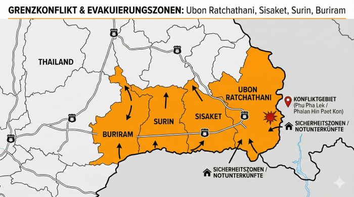 Vier Grenzprovinzen im Evakuierungs-Modus nach Gefechten. Orange: Evakuierungszonen. Rot: Konfliktgebiet (Phu Pha Lek). Karte: DER FARANG (AI)