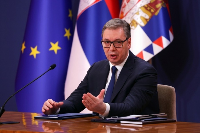 Serbiens Präsident Aleksandar spricht auf einer Pressekonferenz in Belgrad. Foto: epa/Andrej Cukic