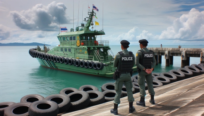 Die thailändische Polizei wartet am Pier in Sattahip, Chon Buri, auf die Inspektion eines der fünf beschlagnahmten Schiffe mit unversteuertem Öl. Foto generiert von OpenAI's DALL·E
