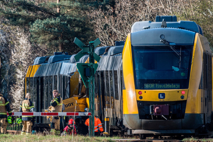 Rettungskräfte im Einsatz nach Zugkollision bei Kagerup. Mehrere Menschen wurden beim Zusammenstoß zweier Züge verletzt. Foto: dpa/Steven Knap
