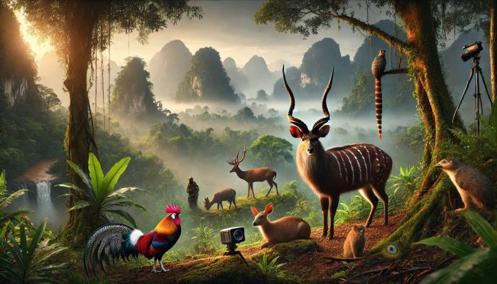 Der neue Xesap-Nationalpark in Laos schützt seltene Arten wie den Saola, den Perlenpfau und den Rotschenkligen Kleideraffen in einer atemberaubenden Landschaft. Foto generiert von OpenAI's DALL·E