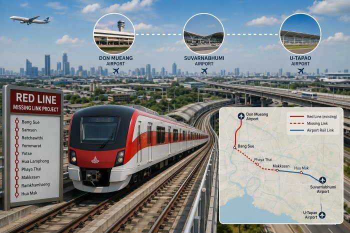 Visualisierung des geplanten Lückenschlusses der Red Line, der künftig eine durchgehende Schienenverbindung zwischen den Flughäfen Don Mueang, Suvarnabhumi und U-Tapao ermöglichen könnte. Illustration: KI-generiert