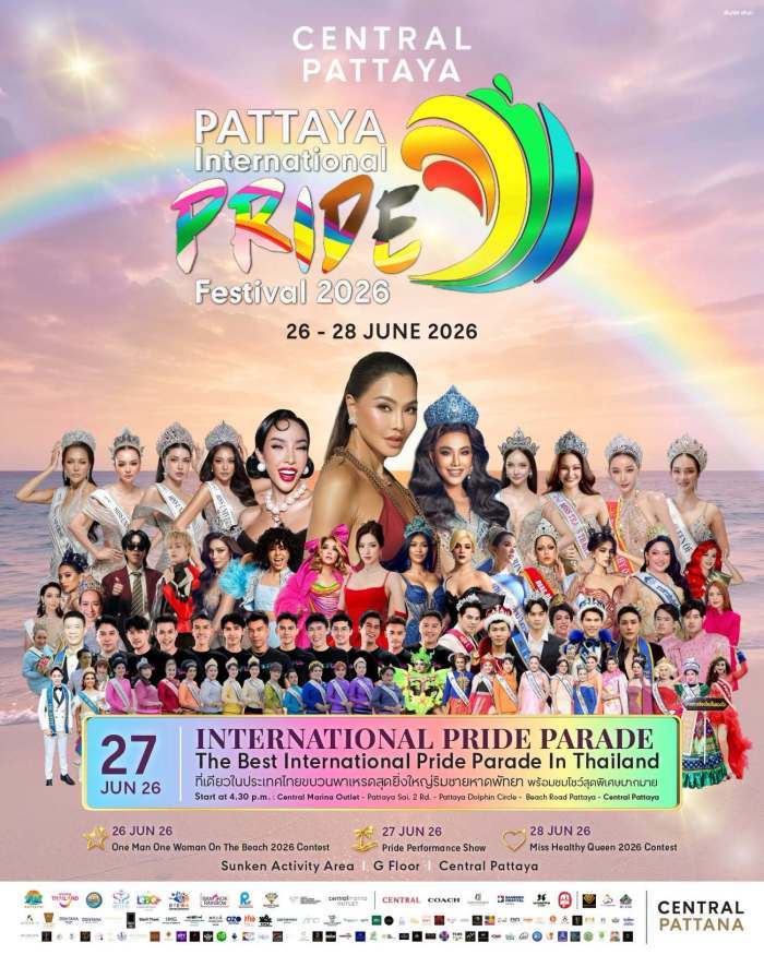 Das Pattaya International Pride Festival 2026 findet vom 26. bis 28. Juni statt. Höhepunkt ist die Pride Parade am 27. Juni entlang der Pattaya Beach Road. Foto: Central Pattaya