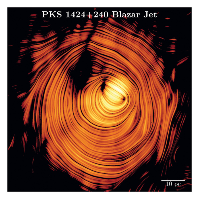 Das „Auge von Sauron“ zeigt den Plasmastrahl im Blazar PKS 1424+240 mit ringförmigem Magnetfeld. Foto: Y.Y. Kovalev et al./Max-planck-institut Für Radioastronomie/dpa