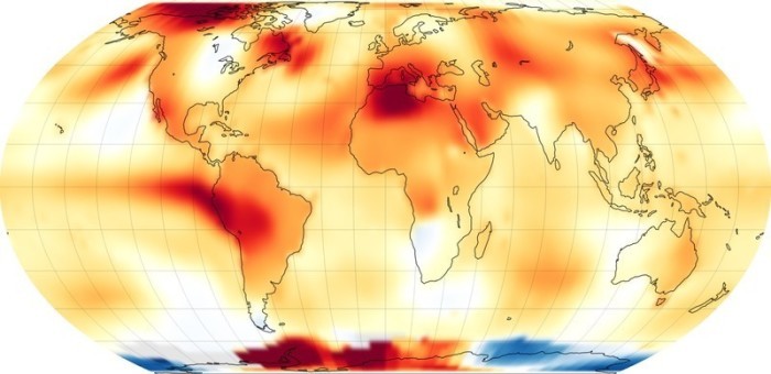 Dieses von der US-Raumfahrtbehörde Nasa zur Verfügung gestellte Foto zeigt eine Weltkarte mit den globalen Temperaturanomalien für Juli 2023. Foto: Nasa/dpa
